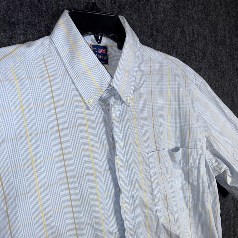 T. Harris London Classic Blue Yellow Plaid‎ Shirt Short Sleeve Button Down Large